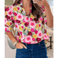 Paxie Pink Floral Frilled V Neck Puff Short Sleeve Blouse