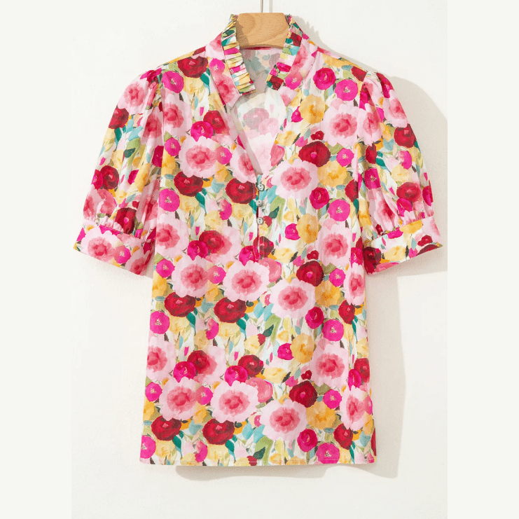 Paxie Pink Floral Frilled V Neck Puff Short Sleeve Blouse