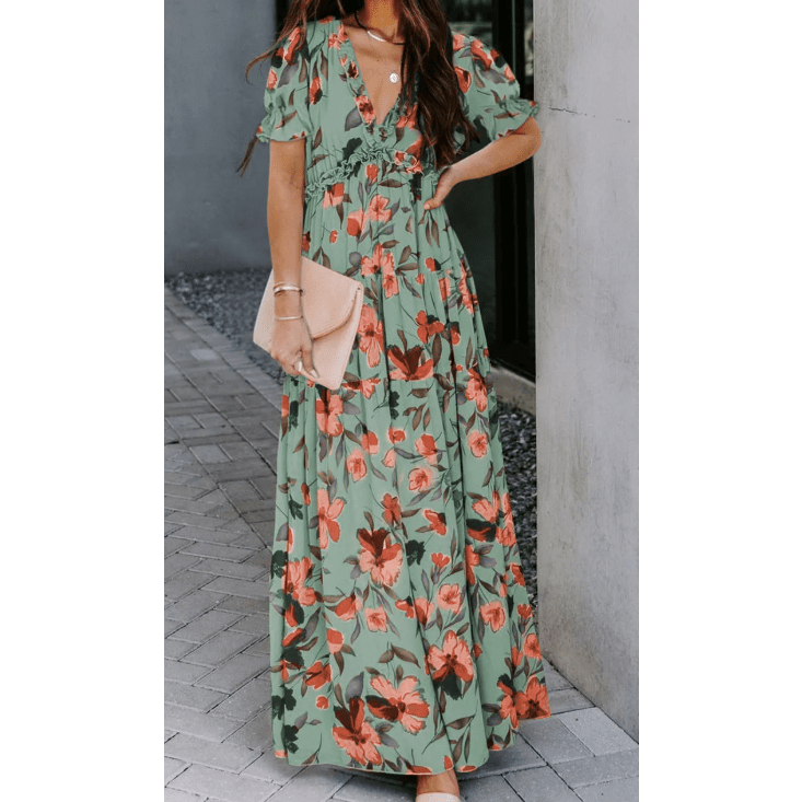 Penelope Green Fiery Floral Print Frilled V Neck Short Sleeve Maxi Dress