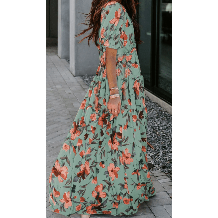 Penelope Green Fiery Floral Print Frilled V Neck Short Sleeve Maxi Dress