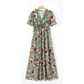 Penelope Green Fiery Floral Print Frilled V Neck Short Sleeve Maxi Dress