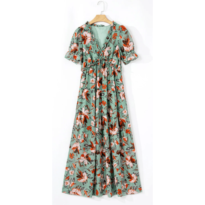 Penelope Green Fiery Floral Print Frilled V Neck Short Sleeve Maxi Dress