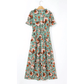 Penelope Green Fiery Floral Print Frilled V Neck Short Sleeve Maxi Dress