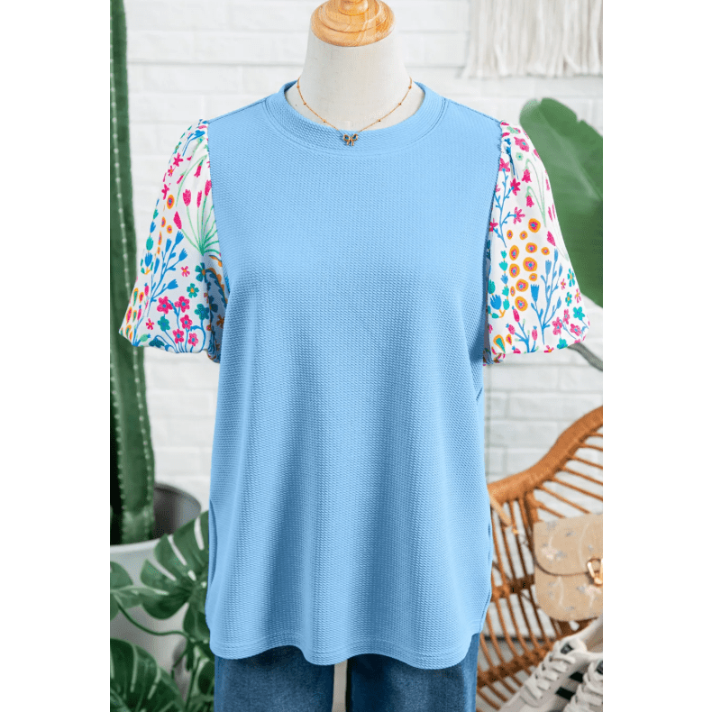 Jenissa Light Blue Round Neck Textured Contrast Floral Bubble Sleeve Blouse