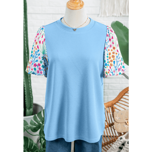 Jenissa Light Blue Round Neck Textured Contrast Floral Bubble Sleeve Blouse