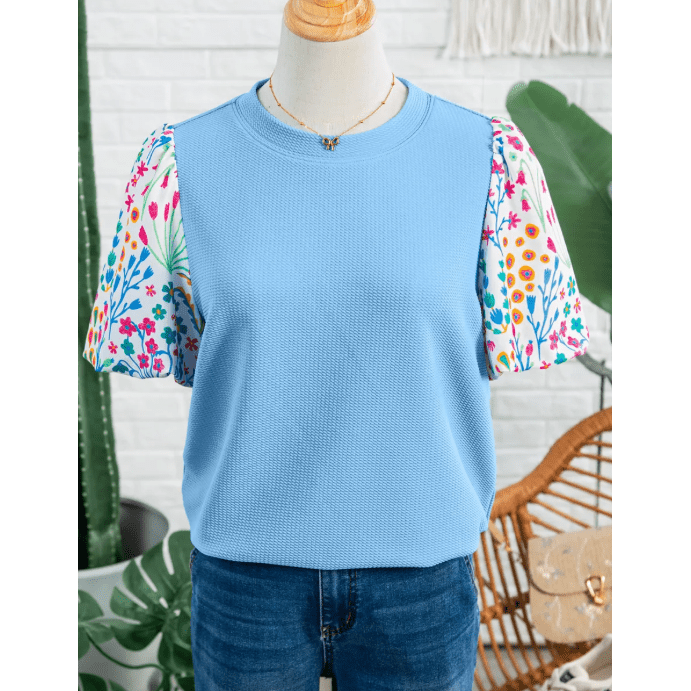Jenissa Light Blue Round Neck Textured Contrast Floral Bubble Sleeve Blouse