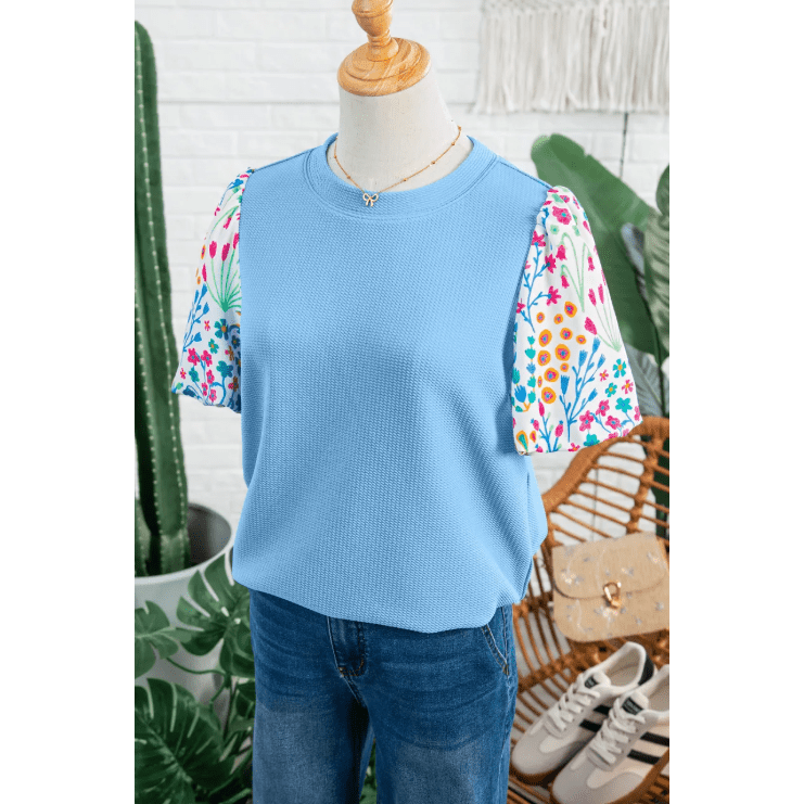 Jenissa Light Blue Round Neck Textured Contrast Floral Bubble Sleeve Blouse