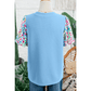 Jenissa Light Blue Round Neck Textured Contrast Floral Bubble Sleeve Blouse