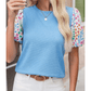 Jenissa Light Blue Round Neck Textured Contrast Floral Bubble Sleeve Blouse