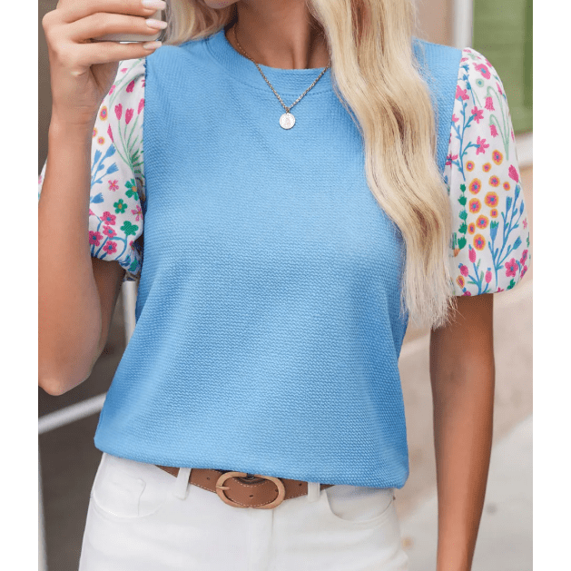 Jenissa Light Blue Round Neck Textured Contrast Floral Bubble Sleeve Blouse