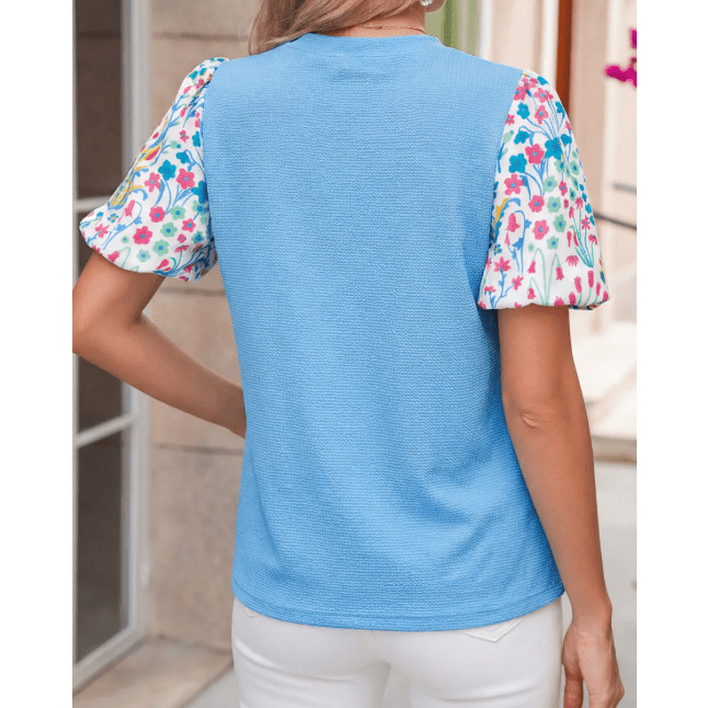 Jenissa Light Blue Round Neck Textured Contrast Floral Bubble Sleeve Blouse