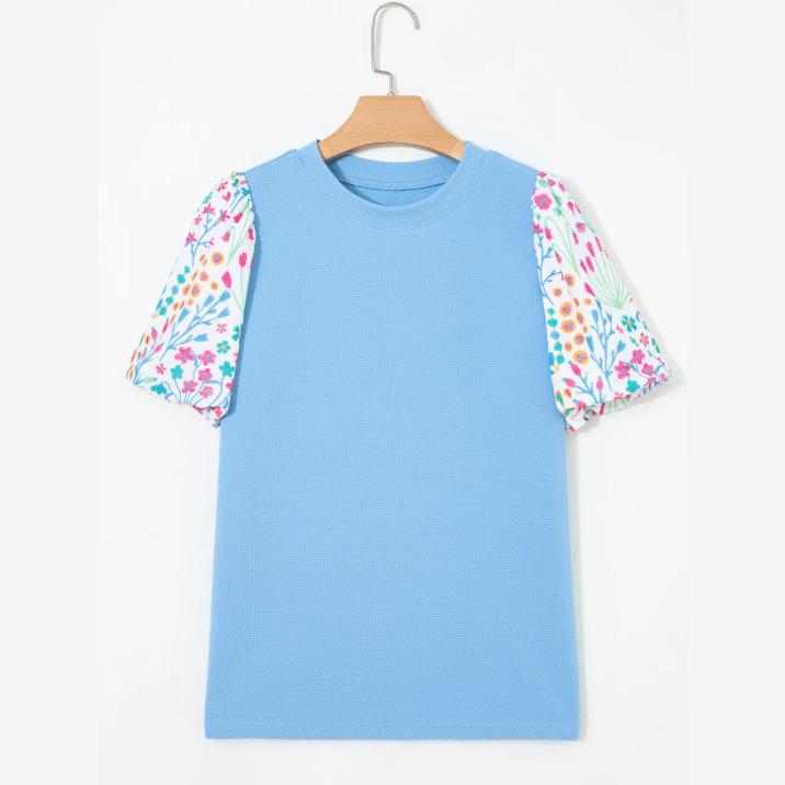 Jenissa Light Blue Round Neck Textured Contrast Floral Bubble Sleeve Blouse