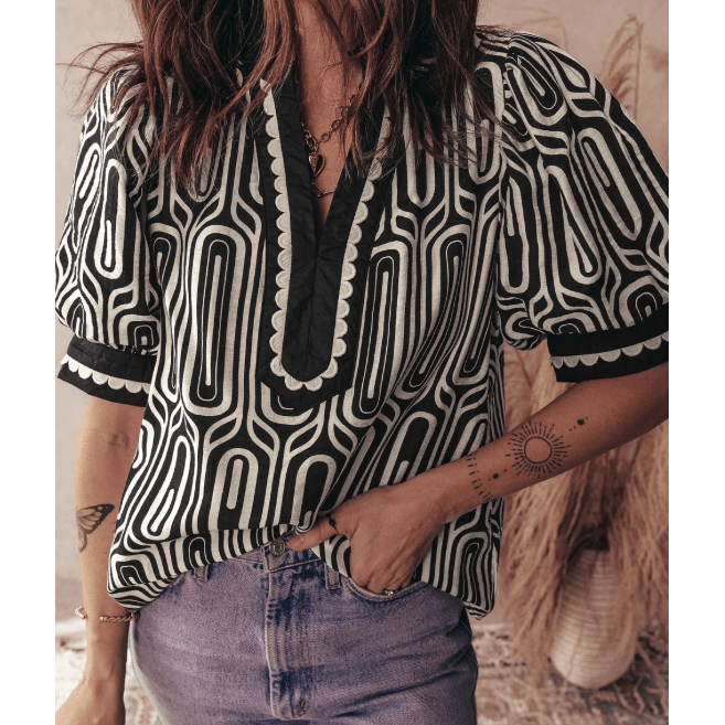 Glinda Black Geometric Print Contrast Scallop Color Block Patchwork Short Sleeve Blouse