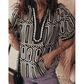 Glinda Black Geometric Print Contrast Scallop Color Block Patchwork Short Sleeve Blouse