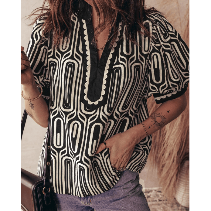 Glinda Black Geometric Print Contrast Scallop Color Block Patchwork Short Sleeve Blouse