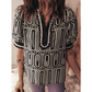 Glinda Black Geometric Print Contrast Scallop Color Block Patchwork Short Sleeve Blouse