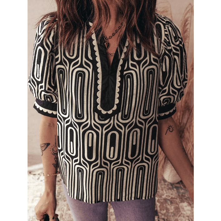 Glinda Black Geometric Print Contrast Scallop Color Block Patchwork Short Sleeve Blouse