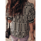 Glinda Black Geometric Print Contrast Scallop Color Block Patchwork Short Sleeve Blouse