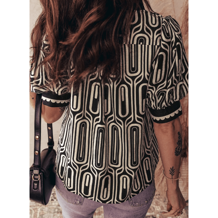 Glinda Black Geometric Print Contrast Scallop Color Block Patchwork Short Sleeve Blouse