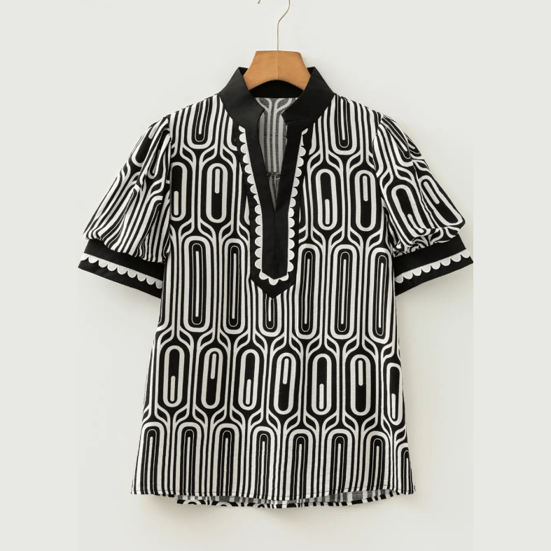 Glinda Black Geometric Print Contrast Scallop Color Block Patchwork Short Sleeve Blouse