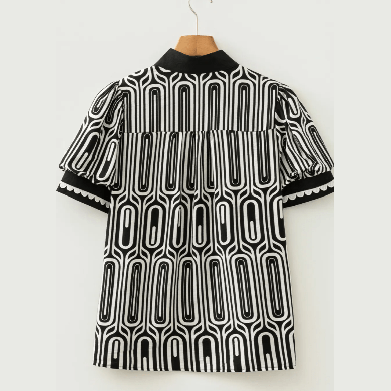 Glinda Black Geometric Print Contrast Scallop Color Block Patchwork Short Sleeve Blouse