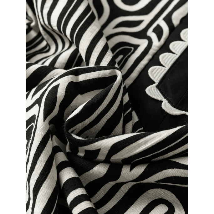 Glinda Black Geometric Print Contrast Scallop Color Block Patchwork Short Sleeve Blouse