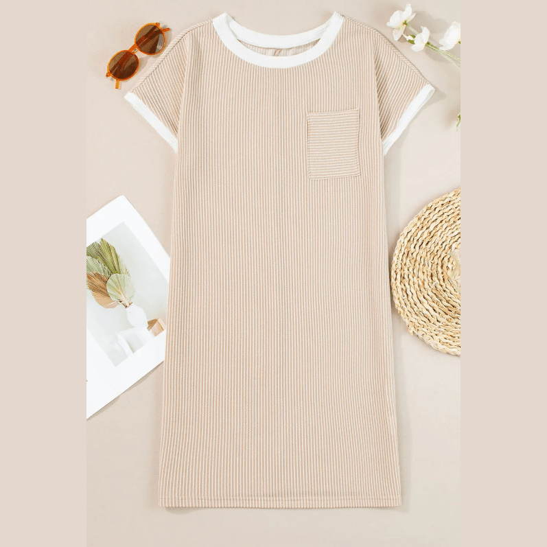 Clea Twisted Ribbed Color Block Trim T Shirt Shift Dress