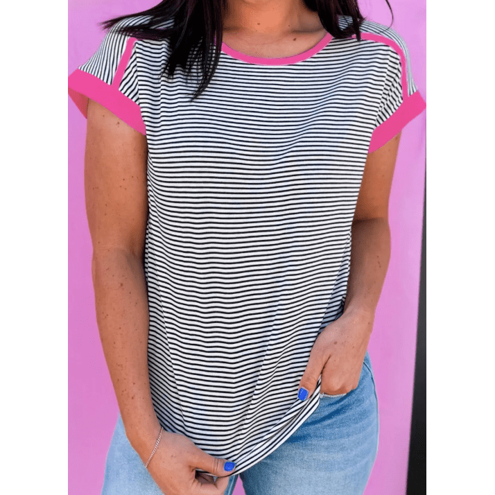 Lorinda Pink Stripe Contrast Trim Round Neck Summer T Shirt