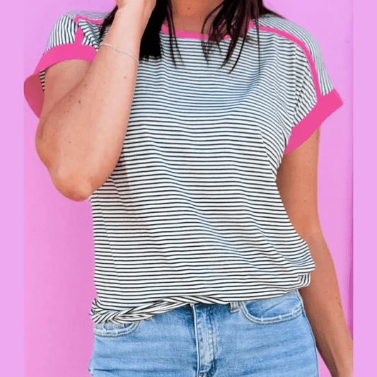 Lorinda Pink Stripe Contrast Trim Round Neck Summer T Shirt