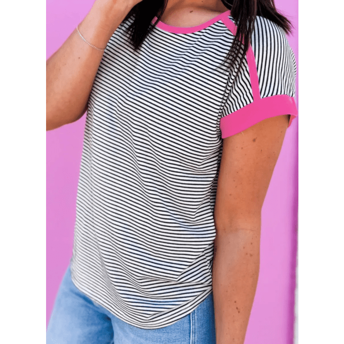 Lorinda Pink Stripe Contrast Trim Round Neck Summer T Shirt