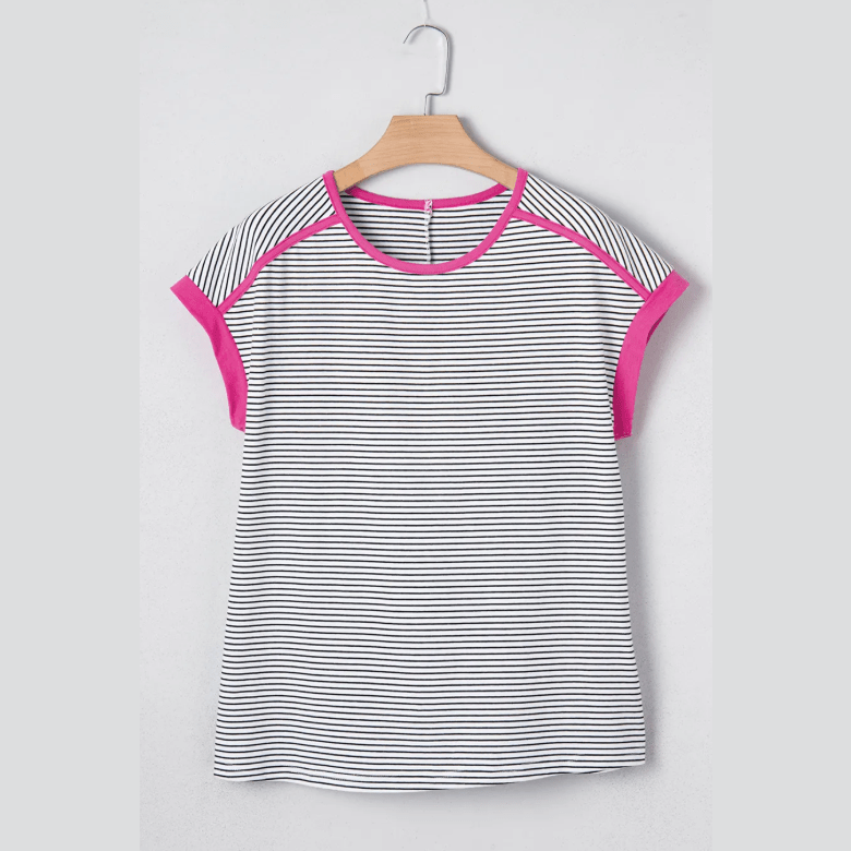 Lorinda Pink Stripe Contrast Trim Round Neck Summer T Shirt