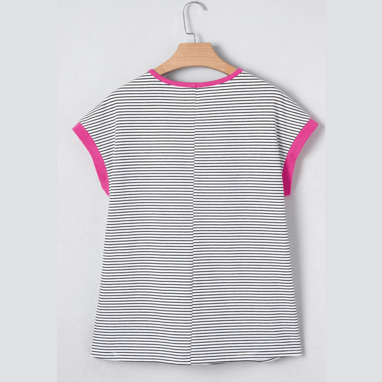 Lorinda Pink Stripe Contrast Trim Round Neck Summer T Shirt