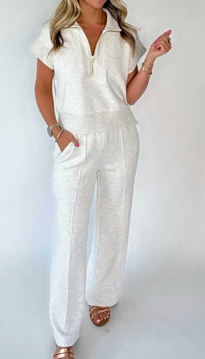 Lara Light Grey Half Zip Polo Tee Casual Pant Set