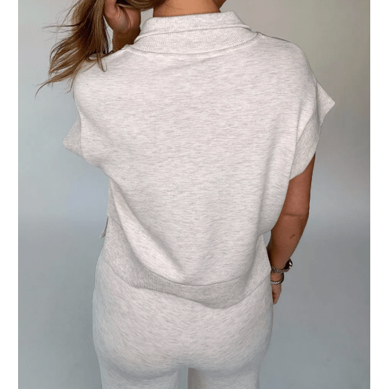 Lara Light Grey Half Zip Polo Tee Casual Pant Set