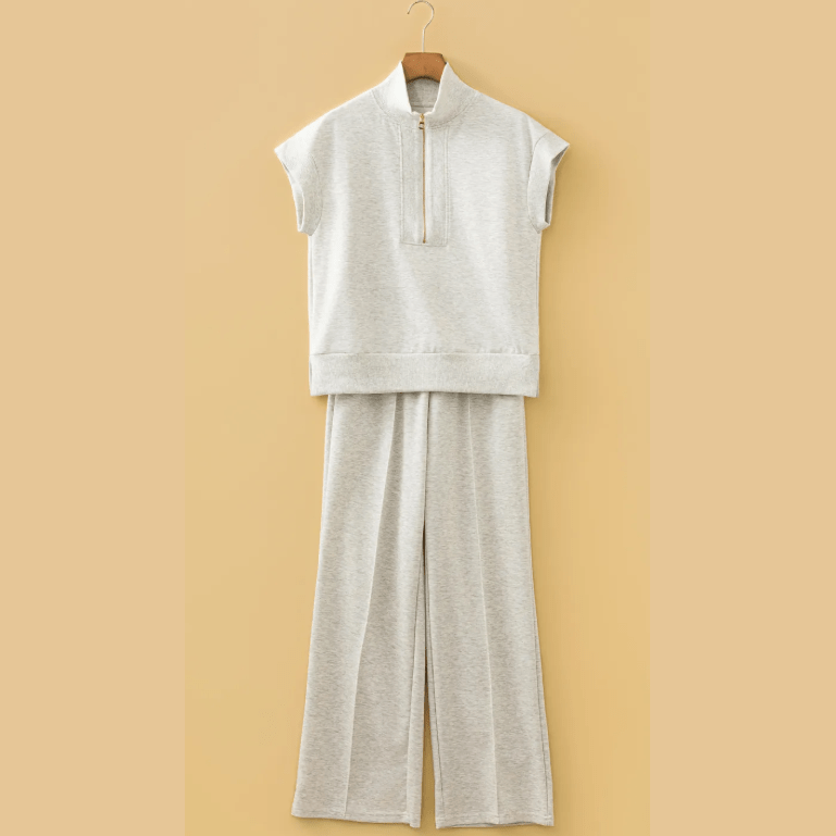 Lara Light Grey Half Zip Polo Tee Casual Pant Set