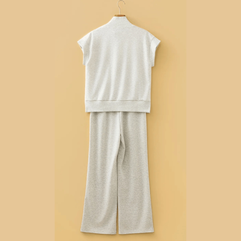 Lara Light Grey Half Zip Polo Tee Casual Pant Set