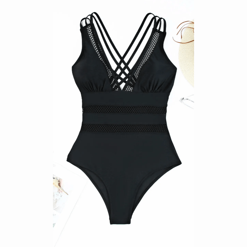 Ashlea Black Solid Mesh One Piece Swimsuit