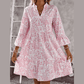 Peg Pink Floral Print Notched Neck Flare Sleeve Dress