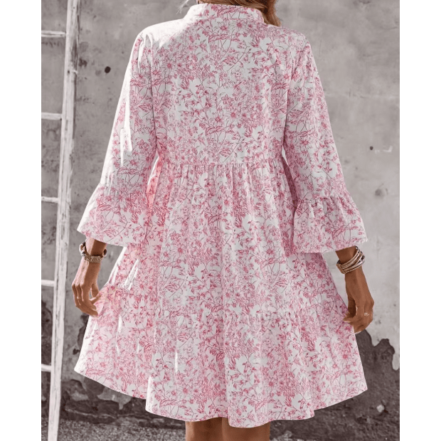Peg Pink Floral Print Notched Neck Flare Sleeve Dress