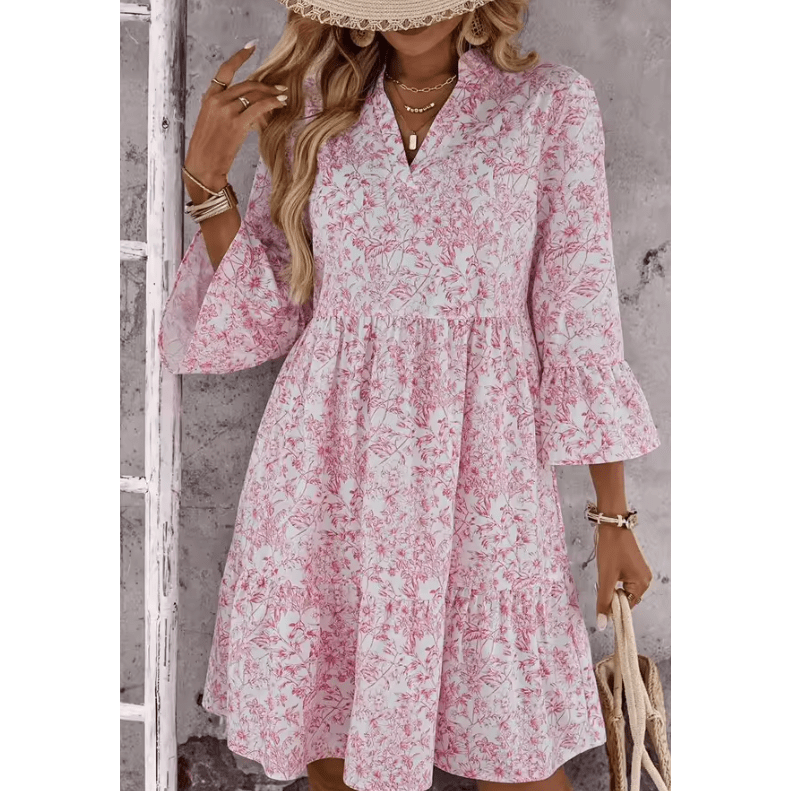 Peg Pink Floral Print Notched Neck Flare Sleeve Dress