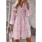 Peg Pink Floral Print Notched Neck Flare Sleeve Dress