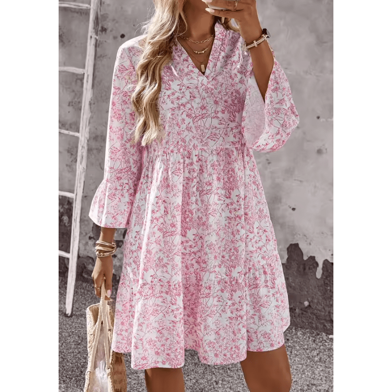 Peg Pink Floral Print Notched Neck Flare Sleeve Dress