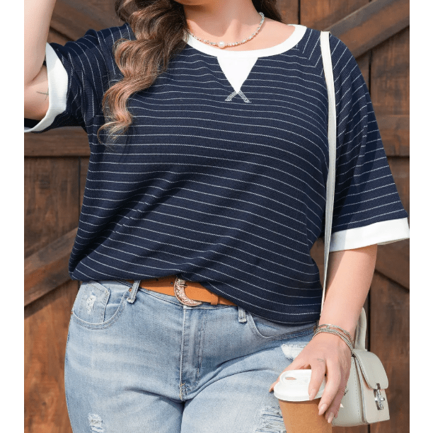 Jannel Blue Stripe Contrast Trim Plus Size Ribbed T Shirt