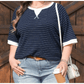 Jannel Blue Stripe Contrast Trim Plus Size Ribbed T Shirt