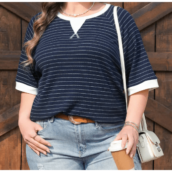 Jannel Blue Stripe Contrast Trim Plus Size Ribbed T Shirt
