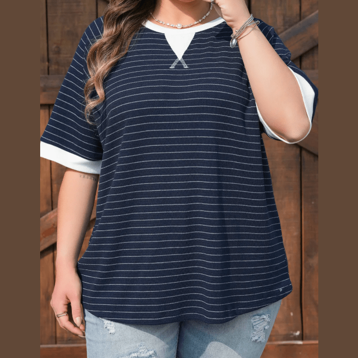 Jannel Blue Stripe Contrast Trim Plus Size Ribbed T Shirt