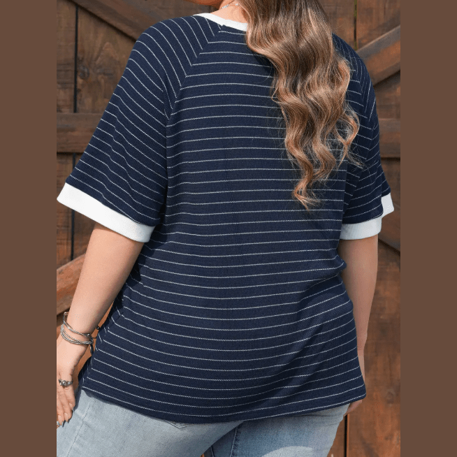 Jannel Blue Stripe Contrast Trim Plus Size Ribbed T Shirt
