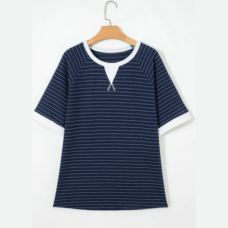 Jannel Blue Stripe Contrast Trim Plus Size Ribbed T Shirt