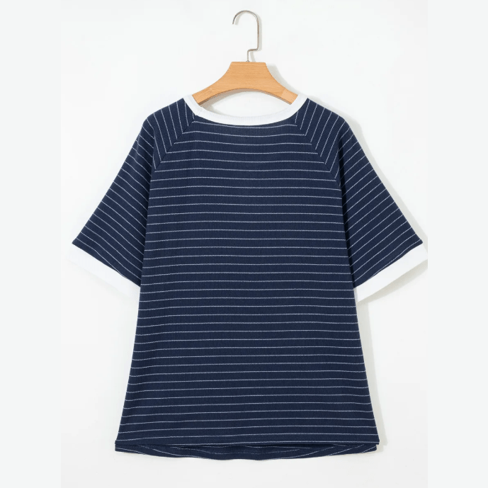 Jannel Blue Stripe Contrast Trim Plus Size Ribbed T Shirt