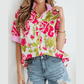 RTS Pink Flower Print Striped Trim Frilled Collar Short Sleeve Shirt